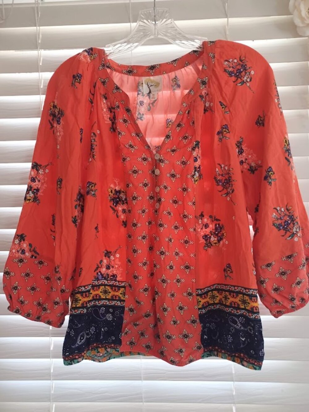 Fig & Flower Boho Blouse Small Floral Peasant Top Rayon Anthropologie Style